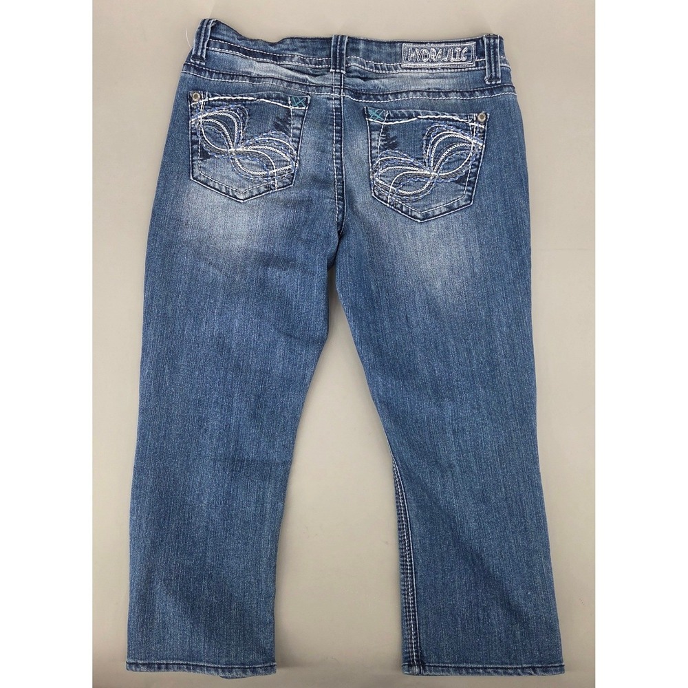 Hydraulic Capri Jeans Womens 7 8 Blue Denim Embroidered Pockets Y2K Retro Boho